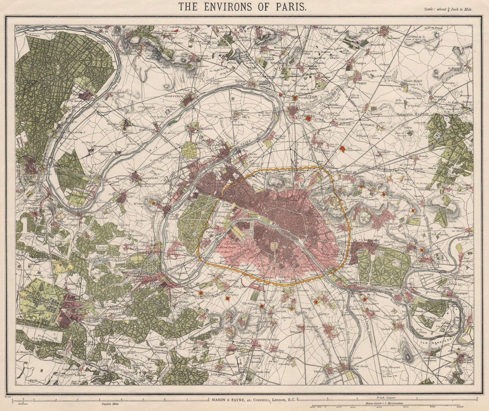 PARIS ENVIRONS. Fortifications. Railways. Versailles. LETTS 1889 old map